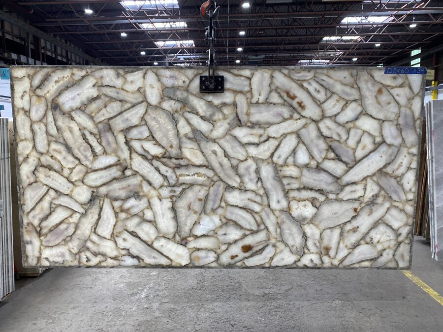 Arena Stone NJ White Agate Classic Semiprecious – Lot 2530, 2cm Polished White Agate Classic Semiprecious - No Lot 2cm Polished, 120" x 60" [Slab #34]