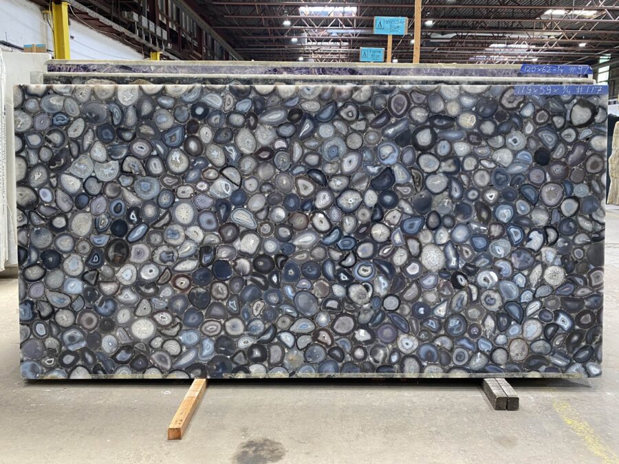 Arena Stone NJ Blue Agate Wild Semiprecious – Lot 2514, 2cm Polished Blue Agate Wild Semiprecious - No Lot 2cm Polished, 119" x 59" [Slab #117]