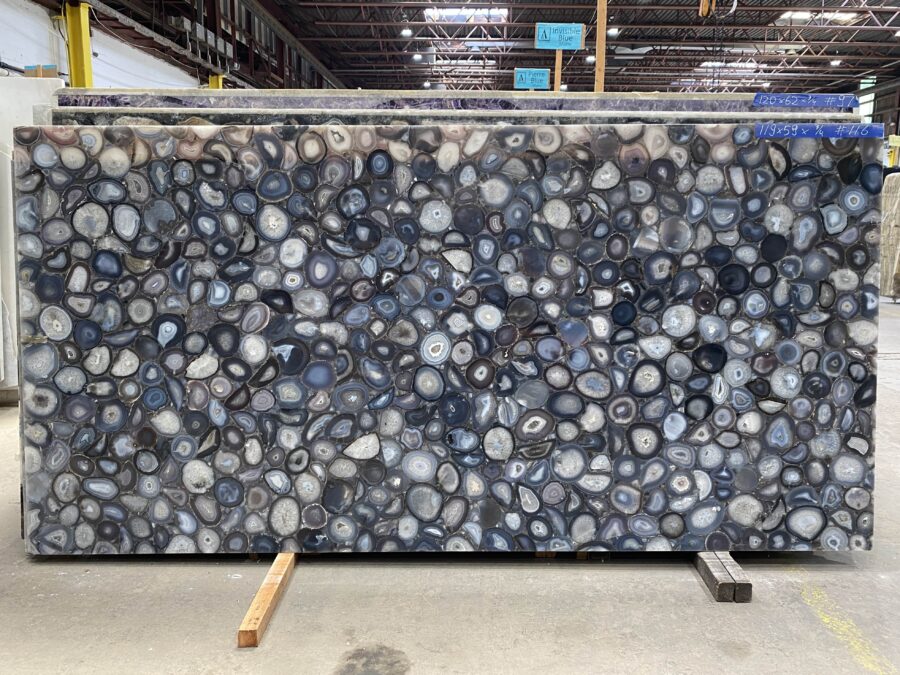 Arena Stone NJ Blue Agate Wild Semiprecious – Lot 2514, 2cm Polished Blue Agate Wild Semiprecious - No Lot 2cm Polished, 119" x 59" [Slab #116]